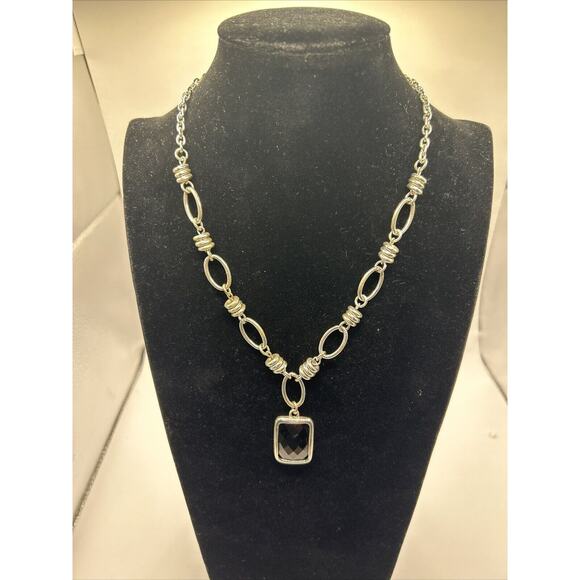 Silver Tone Chain And Square Faux Onyx Pendant 18” - Picture 1 of 5